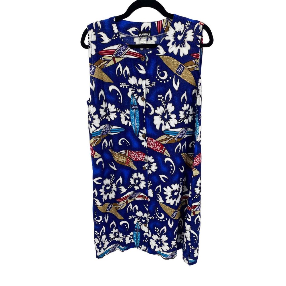 Cashey Button Front Dress Womens F XL Blue Hawaiian Surfboard Rayon Vintage
